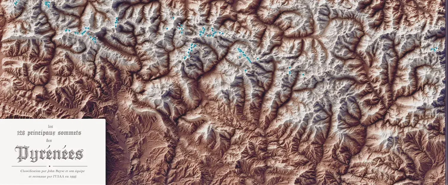 Shaded relief topographic map of the Pyrenees mountain range, showing detailed ridge and valley terrain with blue numbered pins marking the 128 main peaks based on the 1995 UIAA classification