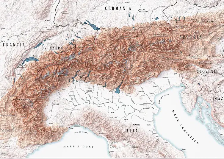 Shaded relief topographic map of the Alps mountain range in Europe, with text labels in Italian, highlighting the alpine arc in warm orange-brown tones against a minimalist white background showing national borders and lakes