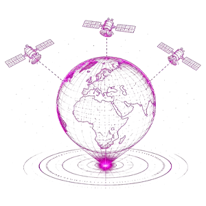 A magenta wireframe icon of the Earth globe surrounded by three orbiting satellites, with radar rings at the base, representing geographic data acquisition