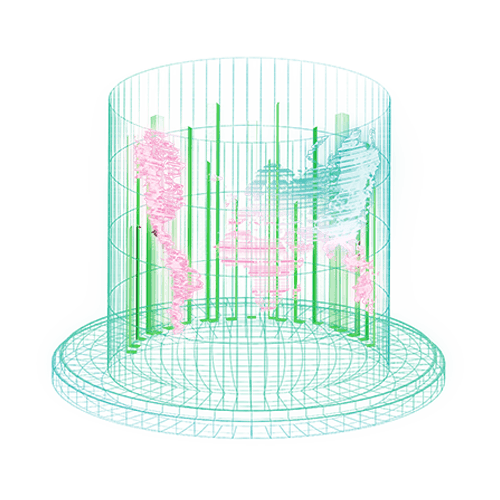 World map and bar chart displayed along a cylinder with hologram effect