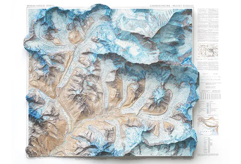 Historical 1957 topographic map of Mount Everest and Mahalangur Himal, featuring a deep 3D shaded relief in white, brown and ice-blue tones