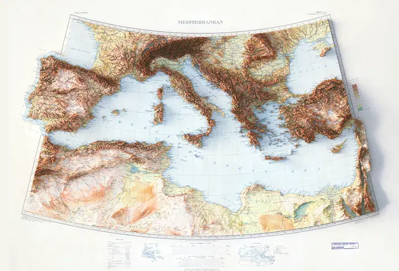 1937 cartographic map of the Mediterranean Sea with a pronounced 3D relief effect, highlighting the mountain topography of Southern Europe and North Africa