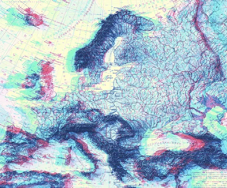 Topographic map detail of the European continent with a digital shaded relief overlay. The terrain features intense dark blue shadows on mountain ranges, contrasted with fine red accents, vintage grid lines and German cartographic labels
