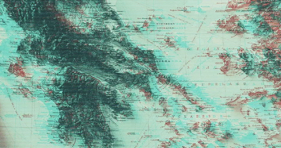Map excerpt of the Greek peninsula and Aegean islands, including the Cyclades. The composition blends historical typography with a modern shaded relief, showing deep dark-green coastal topography cutting into a light turquoise and beige marine grid