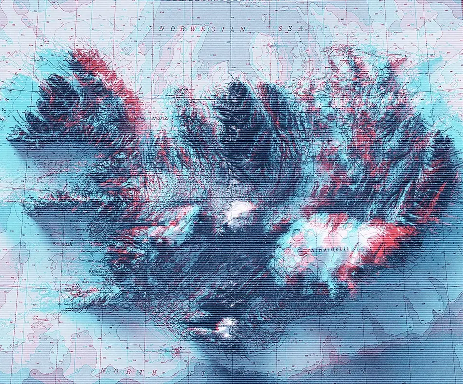 Topographic map detail of Iceland, focusing on its rugged volcanic peaks and the white Vatnajökull glacier plateau. The terrain is rendered via shaded relief with dark blue shadows and red highlights, overlaid on an antique map grid with geographical text labels