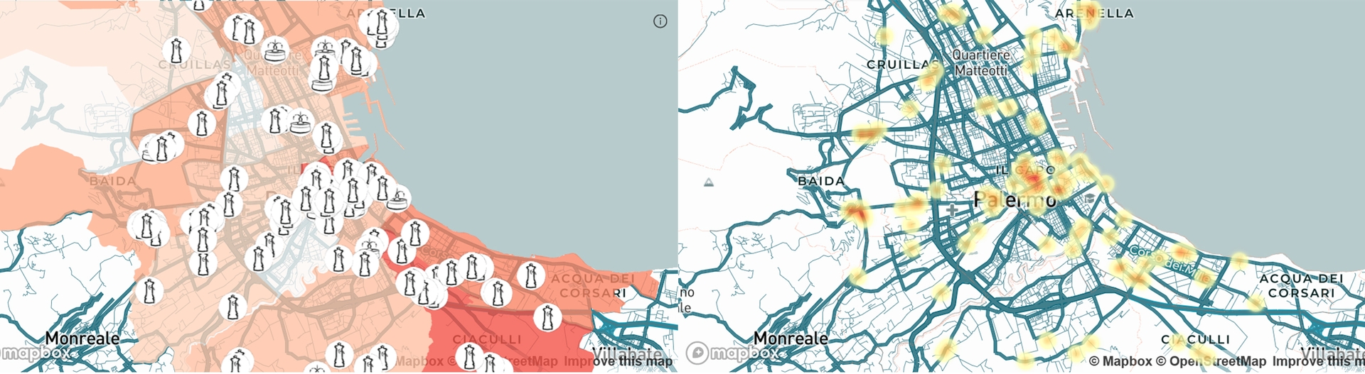 scattermap of fountains, lollipop and column chart