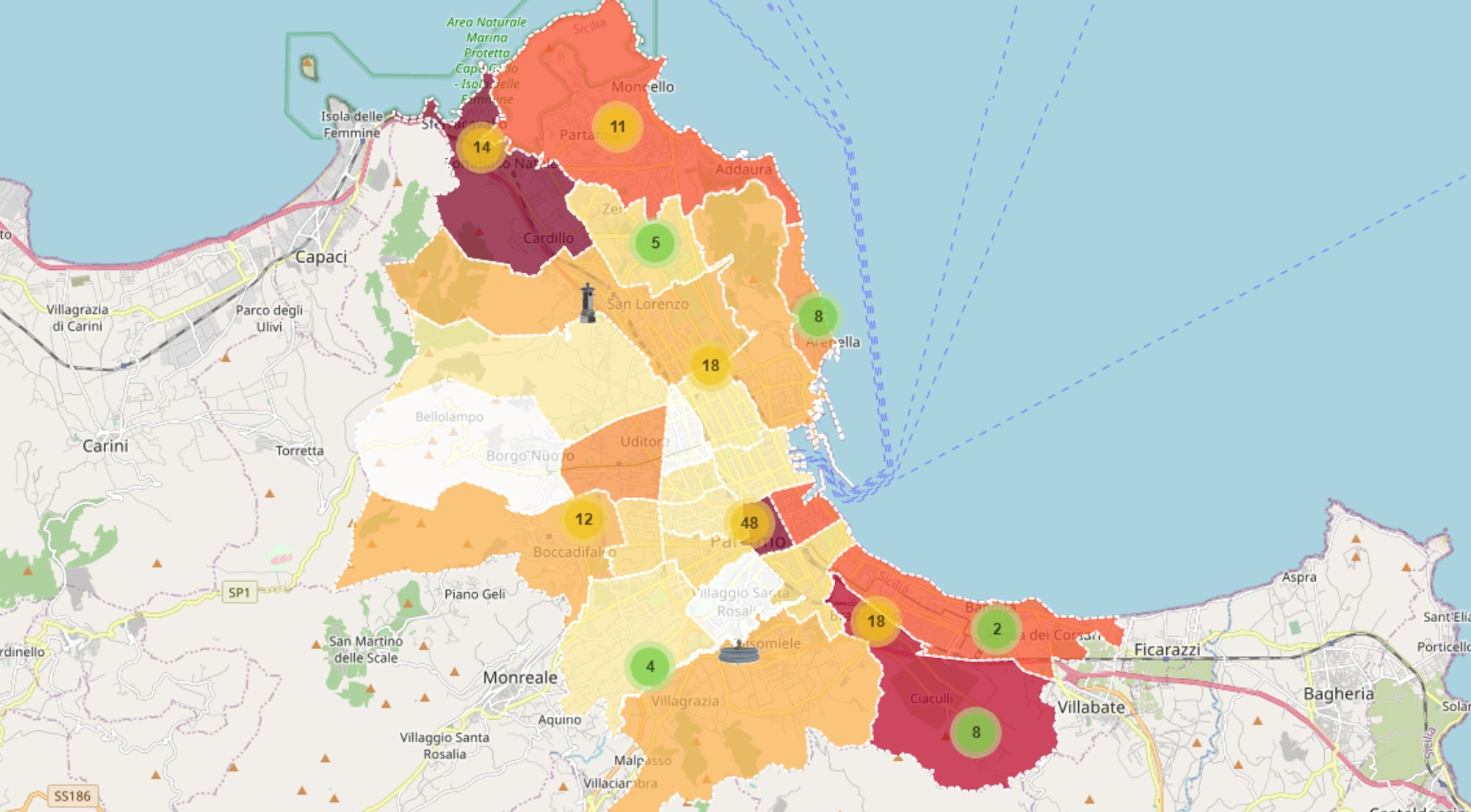 choropleth map about palermo fountains and column chart